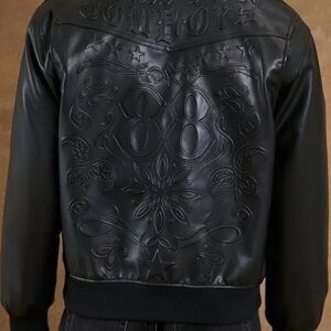 COMPTON COWBOYS Black Embossed Leather Bomber Jacket
